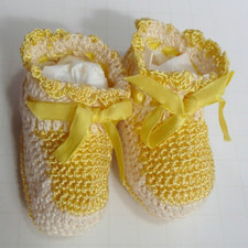 Vintage Baby Booties Hand Crocheted Yellow White Newborn Ribbon Tie