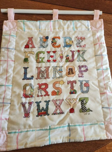 Nursery Decor Alphabet Cross Stitch Animal Vintage Rare wall hanging 17 x 20"