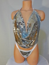 Exotic dancer stripper medium silver sequin two piece dance outfit-dancewear