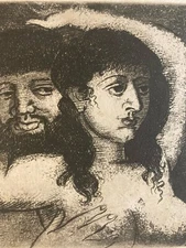 Engraving Barta 1950 Etching Roman or Greek Couple Art Lithograph Antique