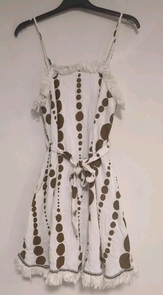Here Comes The Sun Dress Mini Cotton White With Brown Spots Frayed Hems Size 8