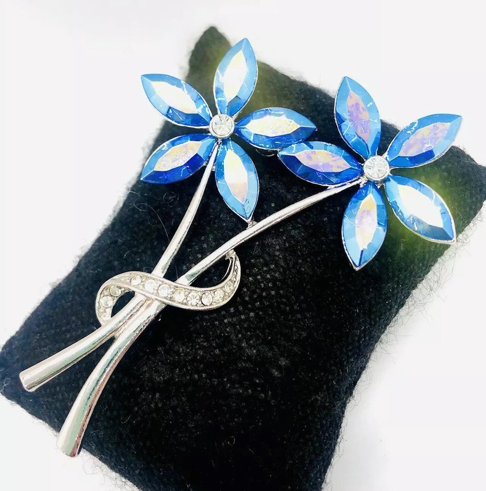 Tall Icy Blue AB Rhinestone Flower Brooch Clear Pave Stones Vintage