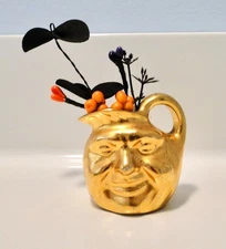 Vtg Miniature Pottery GOLD MAN in MOON Face PITCHER w/Halloween Foliage ~UNUSUAL