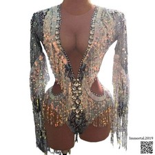 Sparkly Rhinestones Sequin Fringes Bodysuit Stretch Long Sleeve Dance Costume