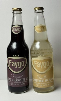 2 Retro Full Faygo 12oz Glass Bottles 2002 Black Raspberry & Creme Soda NOS MI