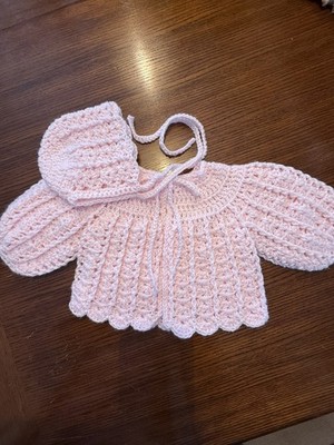 0-6 Months*Pink Shell Stitch Bonnet and Sweater Set*Crocheted*Loops and Threads