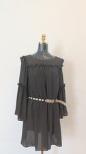 Women's Light Sage Green Chiffon Ruffle Bell Sleeve Tunic Dress Boho Flowy Mini 