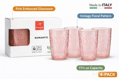 Bormioli Rocco Romantic 4-Piece 11.5 Oz Tumbler Set, Pink Crystal Glass, Italy
