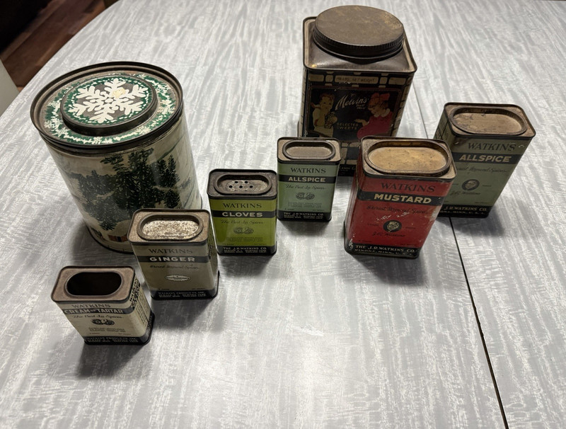 Watkins Vintage Spice Tin Lot: Mustard, Allspice, Ginger, Cloves, Cream Tartar
