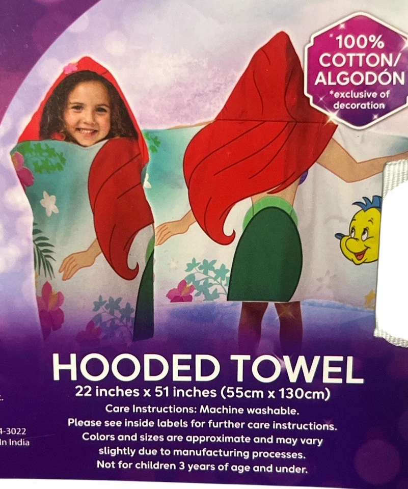Toalla de baño con capucha Disney Princesa La Sirenita Ariel 22" x 51" algodón Foto 2 de 4