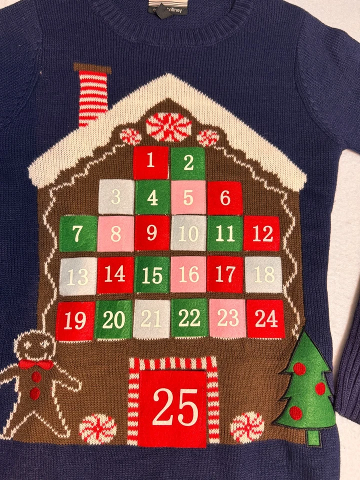Allison Brittney Calendario de Adviento Feo Navidad Suéter Azul Mujer Pequeño Foto 3 de 4