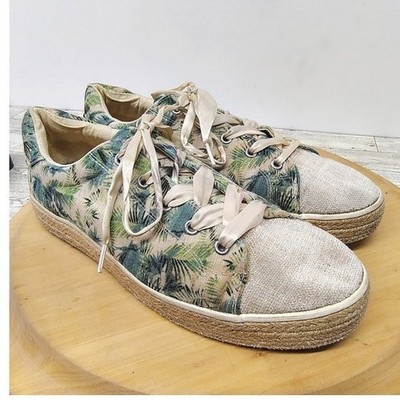 Tropical Espadrille Sneakers Palm Print Glitter Toe Ribbon Lace Womens 11 Green