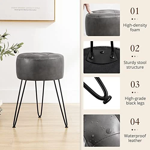 Faux Leather Vanity Stool Chair for Makeup Room, Grey Stool for Vanity, 19” - Image 2 of 4