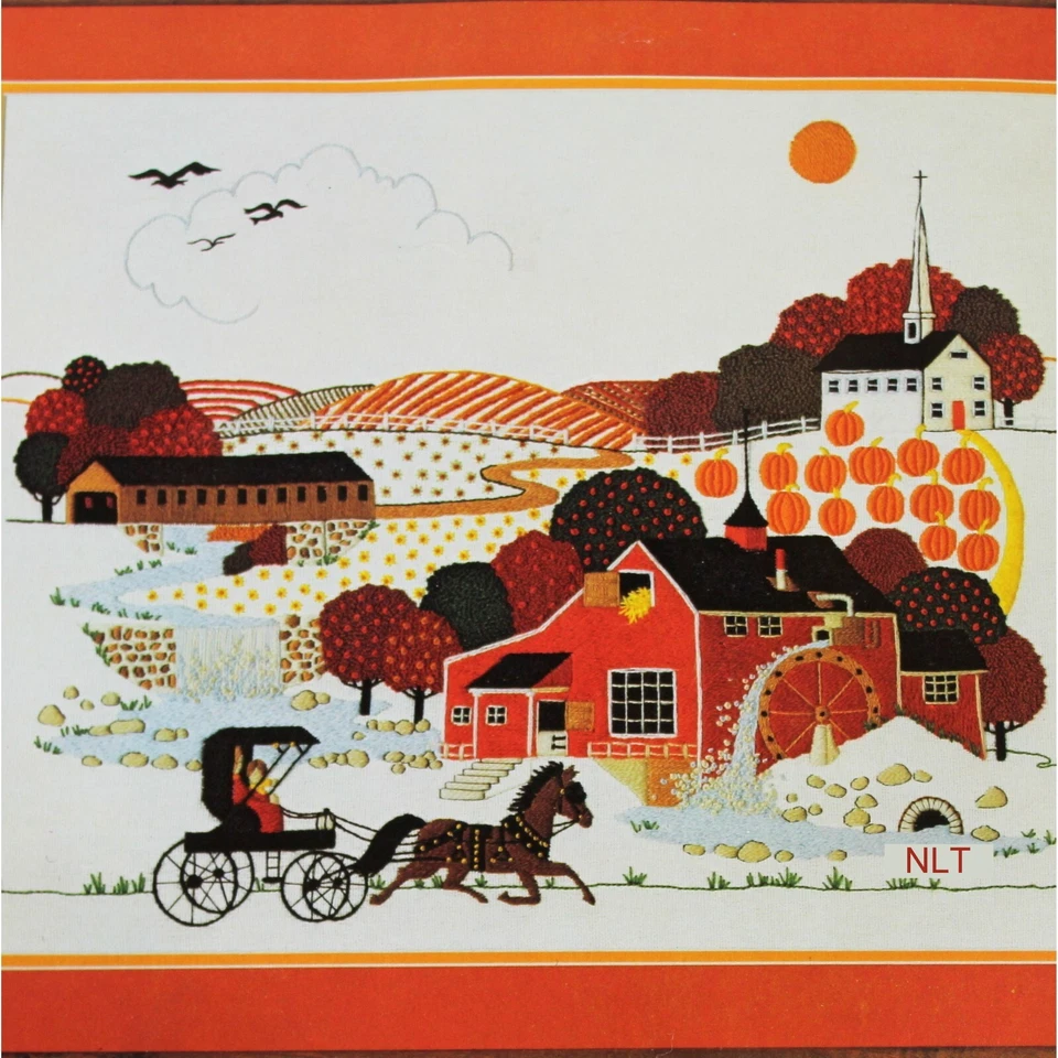 Vintage Crewel Embroidery Kit Fall Autumn Pumpkin Charles Wysocki Travel America - Image 3 of 4