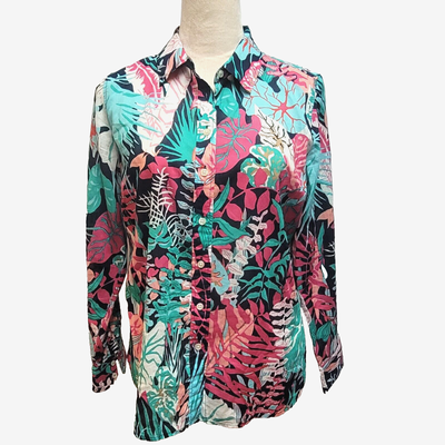 Talbots Floral Tropical Button Down Long Sleeve Shirt Top Blue