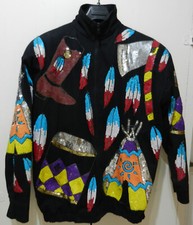Modi Denim Rare Vintage Fully Sequined Native American Heritage Bomber Jacker S