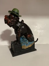 VINTAGE OLE PUFFER NICKEL CIGAR DOG CAST IRON MECHANICAL COIN BANK NO KEY