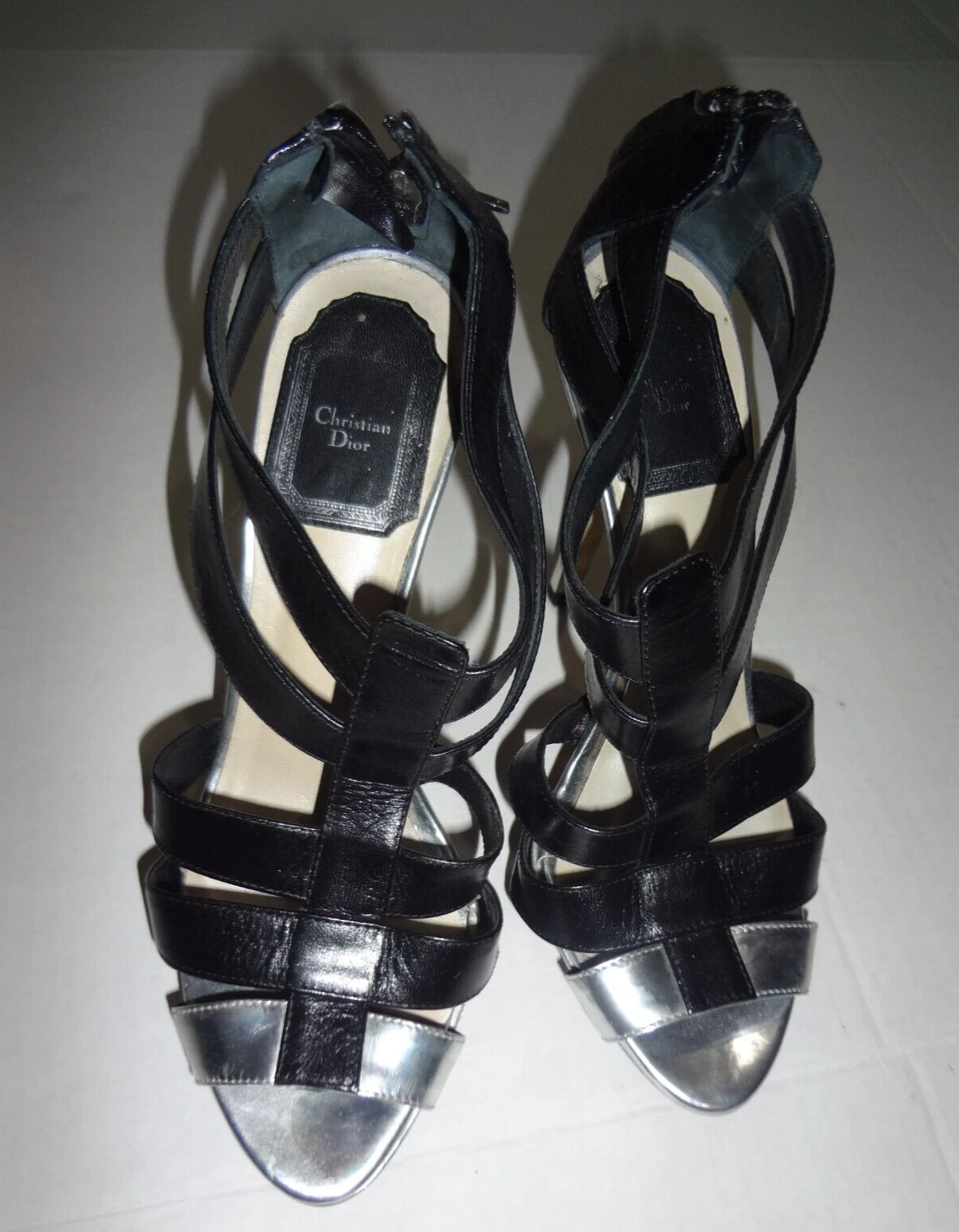 Authentique Christian Dior argent noir sangle orteil taille 35 1/2 talons chaussure EUC