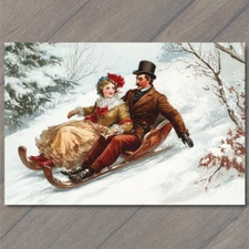 Art Print  Sledding Winter Festive Holly Retro Vinatage Look Christmas Celebrati