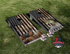American Flag Sea Bass Deer Burn Wood Cornhole Board Vinyl Wrap Laminated Set