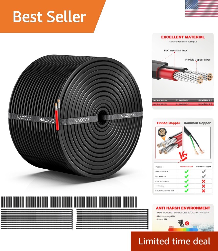 Durable 50FT 16 Gauge Wiring - Tinned Copper, Ideal for Automotive & Marine Use