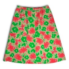 Tan Button Down Skirt Red Green Floral 1970s 1980s Vintage MH Selections Pockets