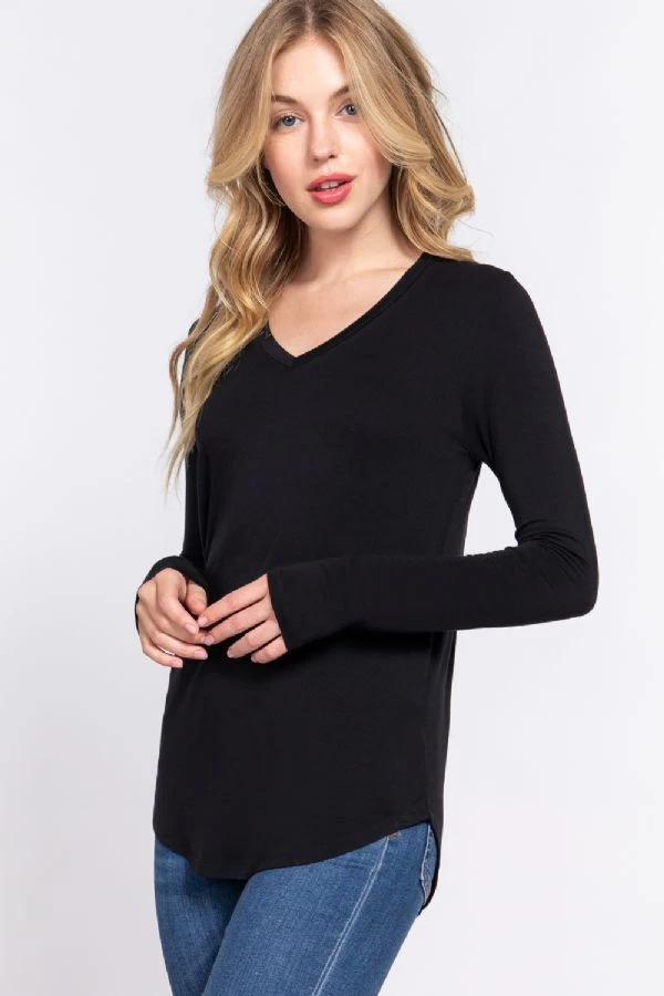 V-Neck Long Sleeve Rayon Spandex Jersey Top Rounded Hem Soft