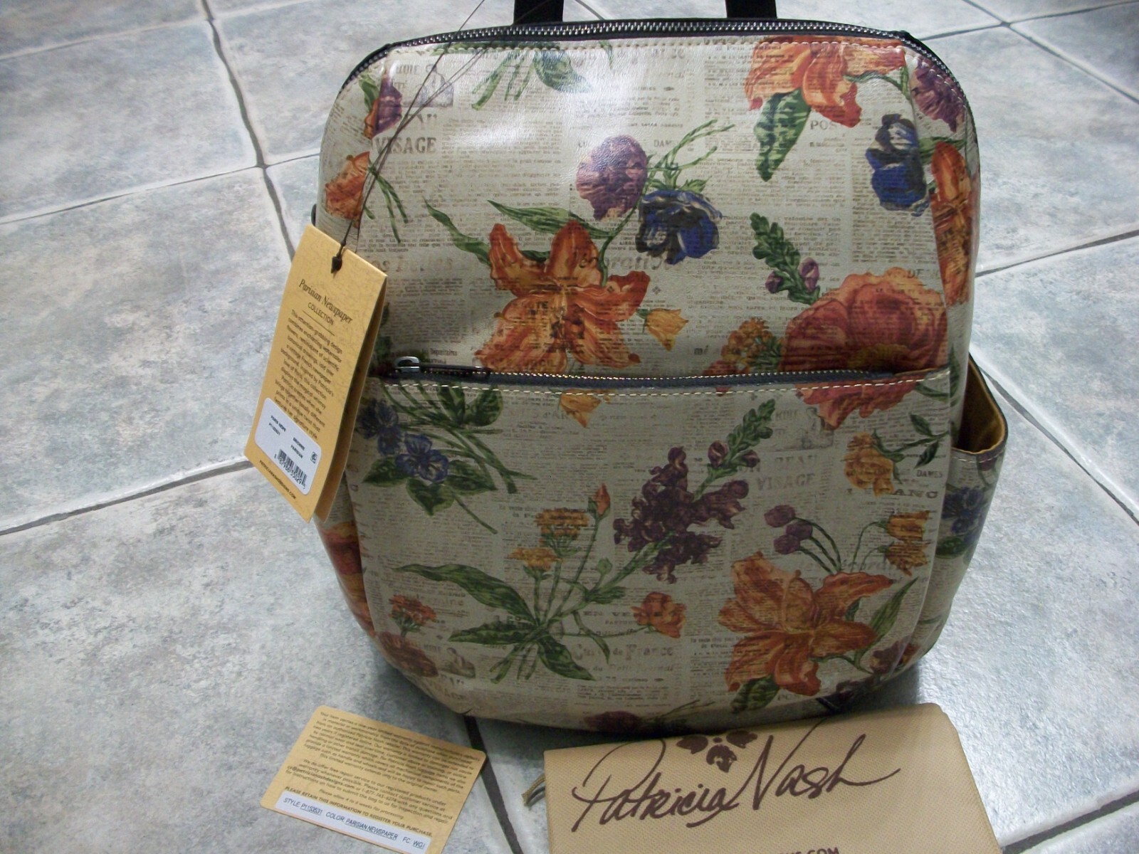 NEW RARE PATRICIA NASH BRIONNE PARISIAN NEWSPAPER LEATHER BACKPACK BAG