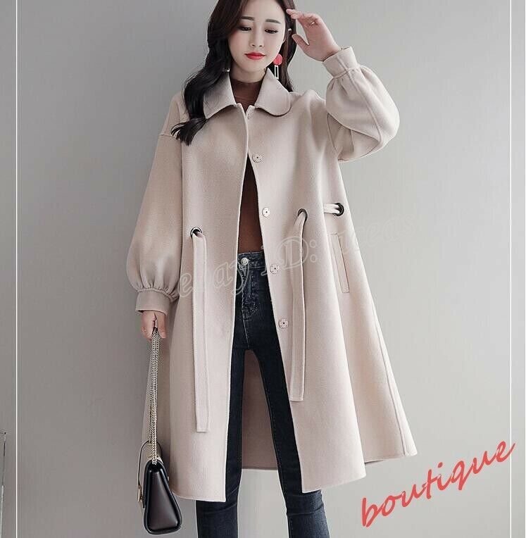 Women's Winter Cashmere Blend Trench Coat A-line Puff Sleeve Long Overcoat  Parka