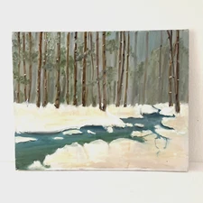 Vintage Impressionist Painting 20x16" Winter Wooded Stream Landscape
