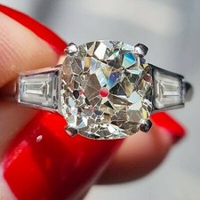 3.50 Ct Cushion Cut Moissanite Three Stone Engagement Ring 14k White Gold Plated