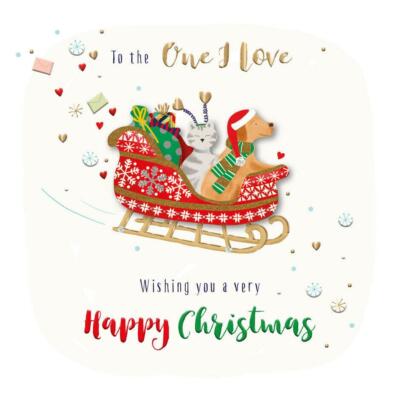 One I Love Happy Christmas Hund & Katze im Schlitten Luxus Handarbeit 3D Grußkarte