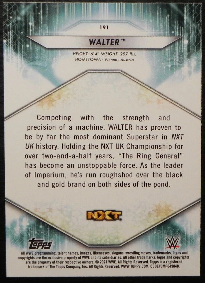 2021 Topps WWE Silver Foil #191 Walter / Gunther NXT - Image 2 of 2