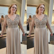 Mother of The Bride Dress Long Sleeve V Neck Beaded Chiffon Wedding Evening Gown