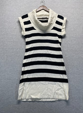 Legend Cowl Neck Sweater Dress Womens L Black Cream Striped Acrylic Cap Sleeves