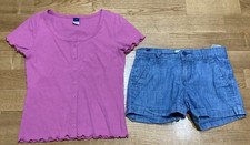 Girl's Old Navy Outfit Size 8 - Bright Pink Ribbed Top w/Chambray Shorts EUC