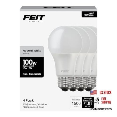  A19 LED Light Bulbs, 100W 4 Count (Pack of 1) Non-Dimmable 3500k Neutral White