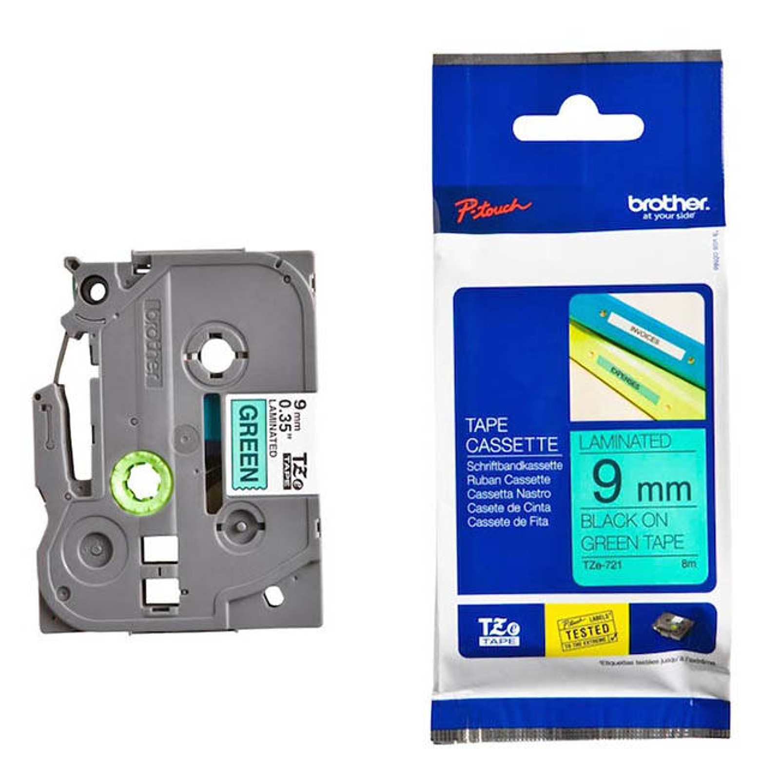 Brother TZe-721 Black On Green Laminated 9mm P-Touch Labelling Tape
