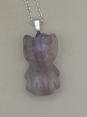 Adorable Natural Flourite Crystal Hello Kitty Pendant with Necklace 18''