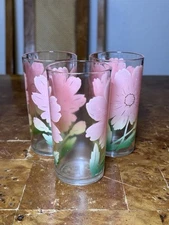 Federal Glass Cosmos Pink Peach Flower Tumbler Mid Century Vintage Set Of 3