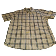 Eddie Bauer Size L Blue White Tan Plaid Short Sleeve Button Up Cotton Shirt
