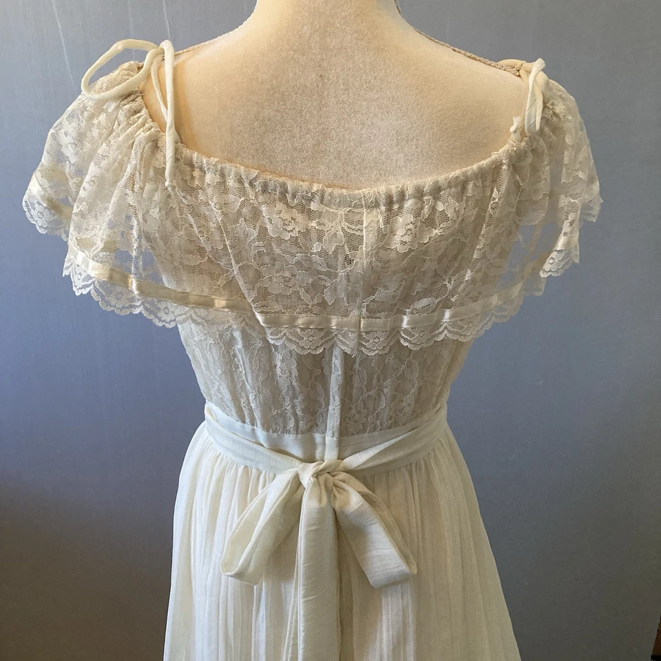 VTG 70s Gunne Sax Wedding Dress By Jessica Gauze Ivory Lace Bodice Hippie Boho - Image 3 of 4