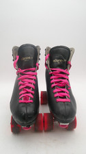 Vintage Dominion Canada Black Leather Roller Skates Size 10 w/ Pink Laces