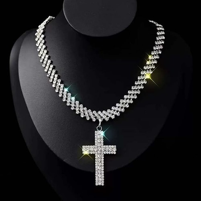 #ad Silver Chunky Cross Necklace for Women Diamond Necklaces Sparkly Rhinestone $36.99