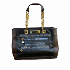 VTG Tory Burch Multi Zip Pockets Leather Shoulder Bag Tote Black & Brown READ