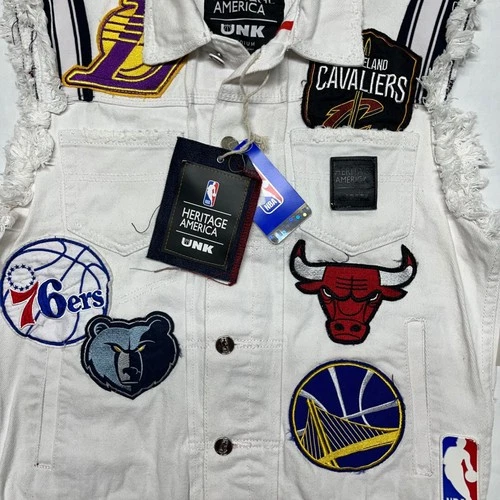 Heritage America UNK NBA Denim Vest Mens M White Distressed All Over Patches NWT image 7
