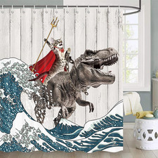 Funny Cat Shower Curtain, Cool Cat Dinosaur Japanese Ocean Wave Shower Curtain,