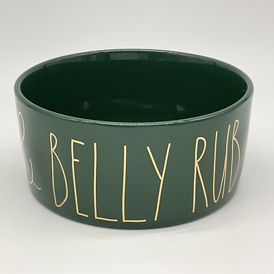 Rae Dunn Christmas Dog Bowl  & Belly Rubs Green Gold Large Letters 6'' Wide