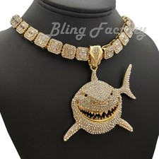 6ix9ine Large Shark Pendant  16" 18" Full Iced Choker Bust Down Chain Necklace