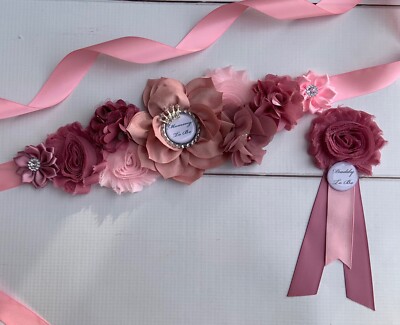 Maternity sash belt Pink white silver Crown princess baby shower w daddy to be
